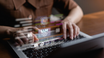 artificial intelligence ai llm language.Professional using a laptop with AI and large language model interface,representing artificial intelligence, automation,data processing and digital innovation. © DK_STUDIO