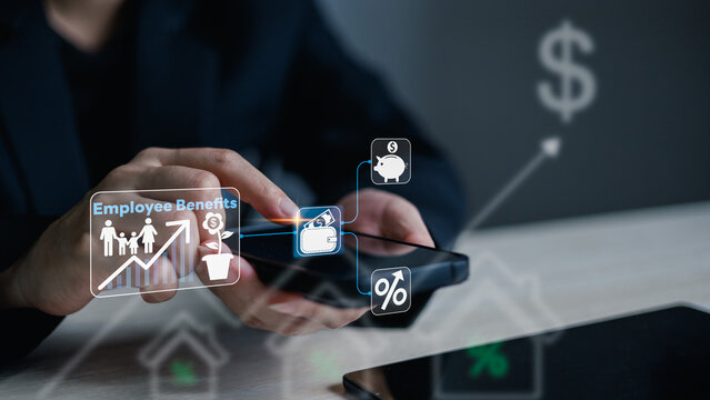 employees benefits compensation.Professional using a mobile device to manage employee benefits, compensation and financial growth programs, highlighting workforce welfare, savings and HR technology.