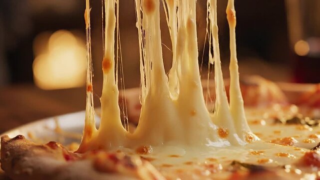 Hot Pizza Slice with Stretching Melted Mozzarella Cheese Pull