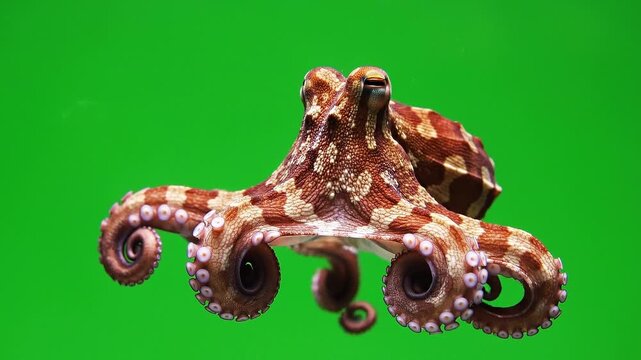 Octopus Swimming and Spreading Tentacles on Green Screen Background