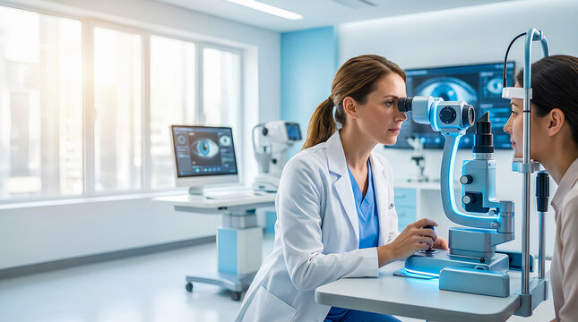 Professional female ophthalmologist checking patient's vision with slit lamp in modern clinic