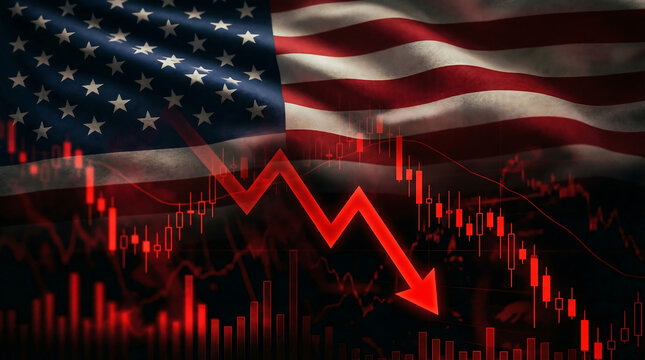 USA Stock Market Crash with Falling Red Arrow and Economic Recession Concept. American Stock Market Crash and Economic Recession. American flag with falling red arrow.
