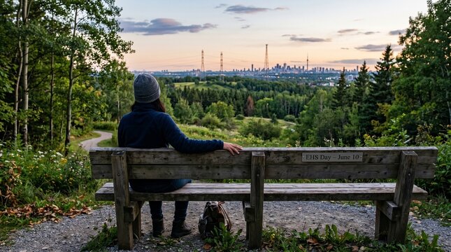 Back View of Person Sitting on Park Bench Looking at Trees &ndash; Distant City Skyline with Transmission Towers &ndash; Small Sign on Bench Reads EHS Day June 10 &ndash; Peaceful Contrast


