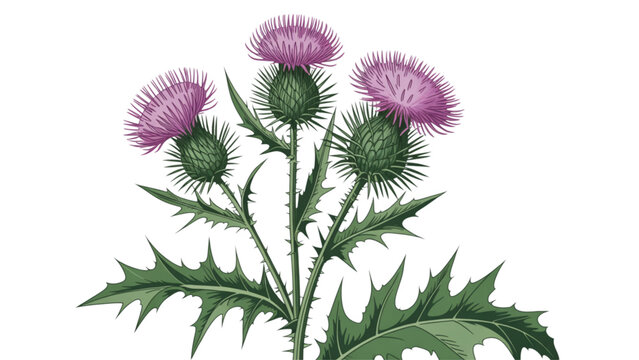 Pixel art style purple thistle flower with green thorny leaves Vector