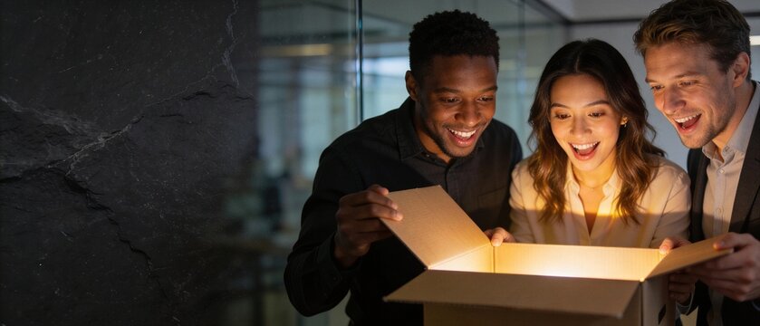 Excited diverse business team opening a glowing package in a modern office at night