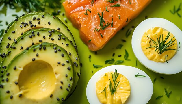 A vibrant and healthy meal presentation featuring avocado halves filled with lemon juice alongside salmon and deviled eggs garnished with dill