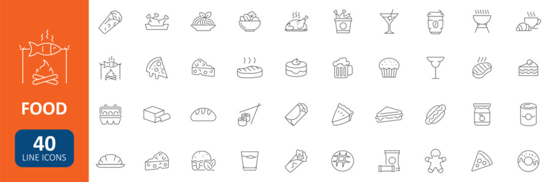 Food Icon Set. Containing burger, pizza, donut, coffee, cupcake, steak, taco, sushi and more. Editable Stroke. Vector Illustration