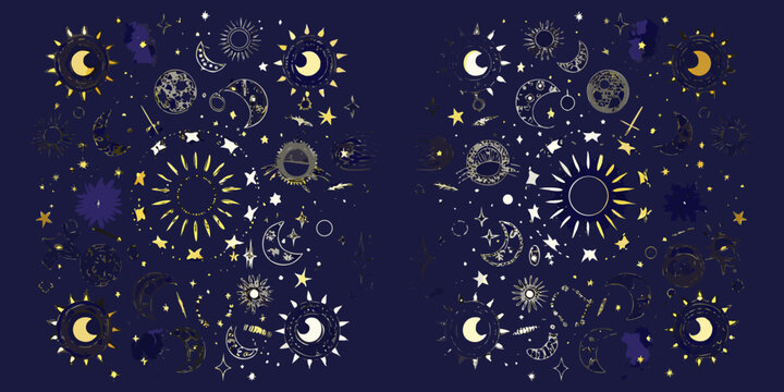 sun moon phases pattern on dark blue