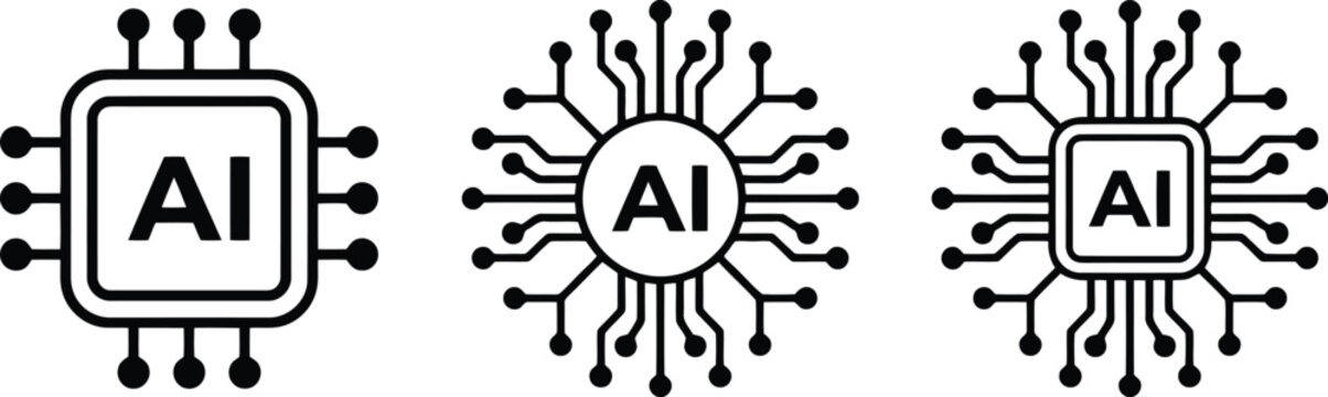 Artificial intelligence chip icons set featuring black circuit board designs on a clean white background for modern technology website graphics