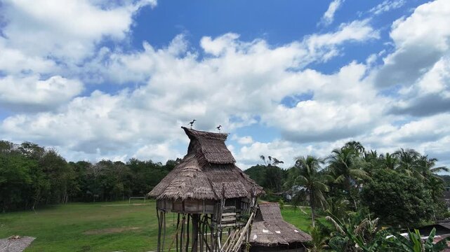 Traditional Dayak Longhouse Hut in Tropical Village Aerial Drone Shot Under Blue
