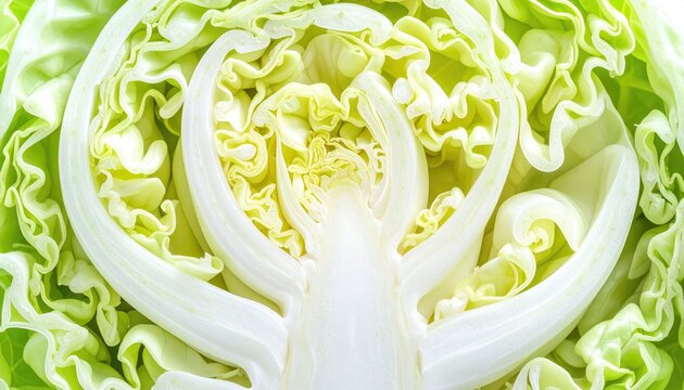 A close-up, top-down view of a halved green cabbage reveals its crisp, layered texture