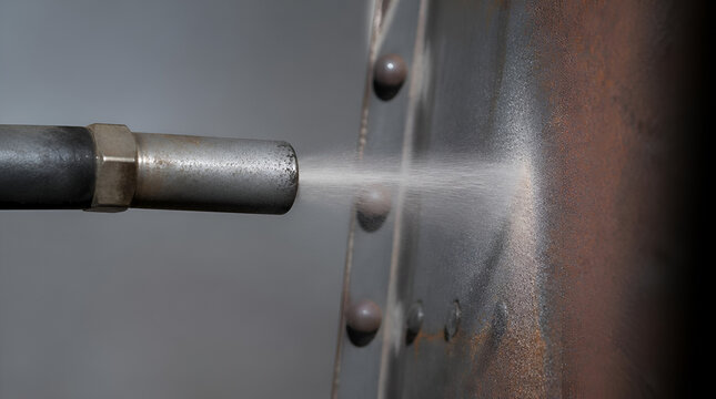 Close-up of industrial sandblasting process on metal surface for cleaning and preparation