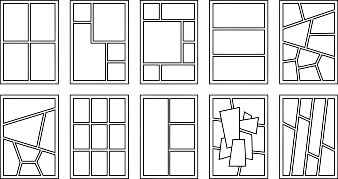 Comic book page layout templates featuring various rectangular panels and dynamic geometric shapes for professional storytelling and graphic novel design