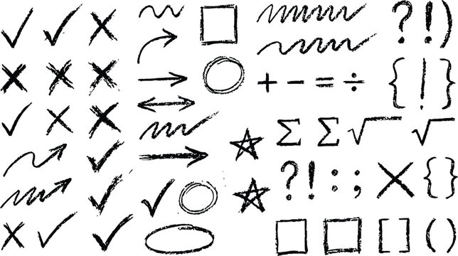 Hand drawn doodle set featuring check marks, crosses, arrows, geometric shapes, math symbols and messy lines on white background
