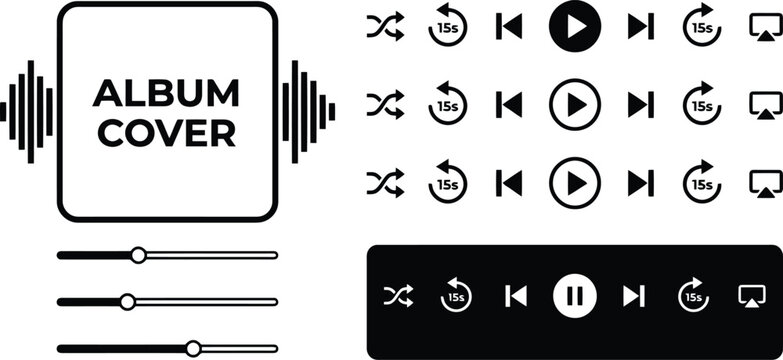 Media player interface icons set featuring album cover art display shuffle buttons playback controls and volume sliders in black style