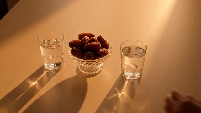 Three glasses of water and a bowl of dates on a table with shadows