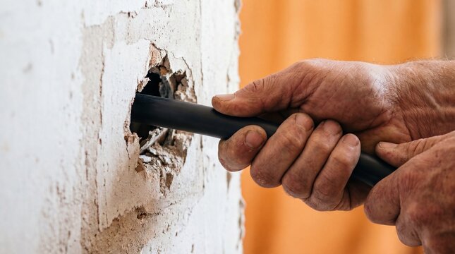 Calloused, dirty hands forcefully pull a thick black cable through a jagged wall hole. It conveys the strenuous physical grit and brute force of rough construction labor.