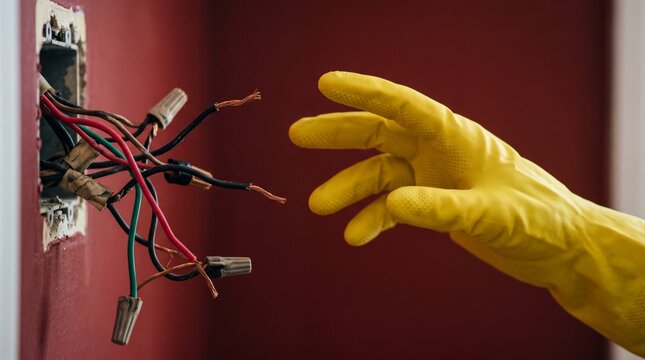 A hand in a yellow rubber dish glove nervously reaches toward an open wall box full of exposed live wires. It portrays amateur hesitation and improper safety during DIY repairs.