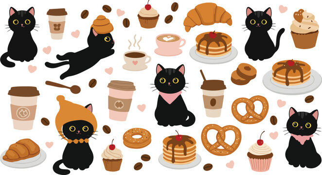 Black cats surrounded by various sweet baked goods and coffee drinks on a white background
