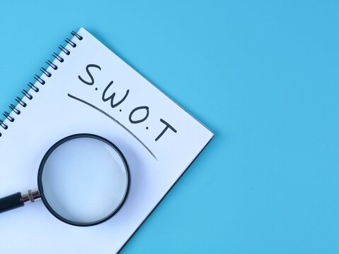 SWOT acronym (Strengths, Weaknesses, Opportunities, Threats) handwritten on a book with magnifying glass over blue background. Ideal for business strategy, market research and corporate planning