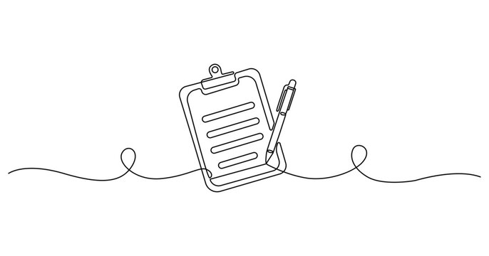 Continuous line drawing Clipboard, pen, and line art, minimalistic business template, simple vector icon, office supplies