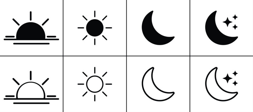Sunrise Sun and Moon Minimal Line Icons Set. Day and Night Celestial Icons Collection. Sun Moon Sunrise Outline Vector Icons. Screen brightness and contrast level signs and symbols Vector illustration
