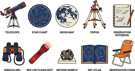 Astronomy Observation Equipment and Stargazing Tools Vector Icon Set for Amateur Astronomers © MDHAMIM