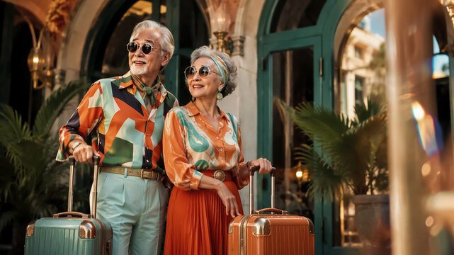 Senior couple with luggage enjoying luxury vacation in front of elegant hotel. Smiling senior couple with suitcases in front of exclusive accommodation during a leisure trip in a sophisticated tourist