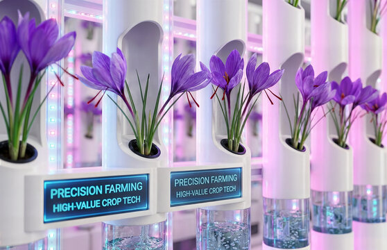 Precision farming and high value crop technology featuring purple saffron flowers growing in vertical hydroponic systems inside modern indoor greenhouse facility.