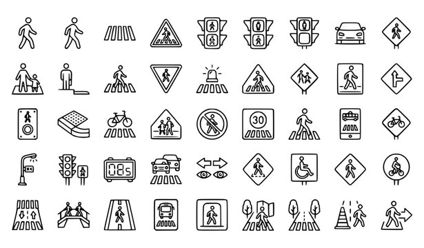 Pedestrian crossing zebra icon set walking man road safety vector