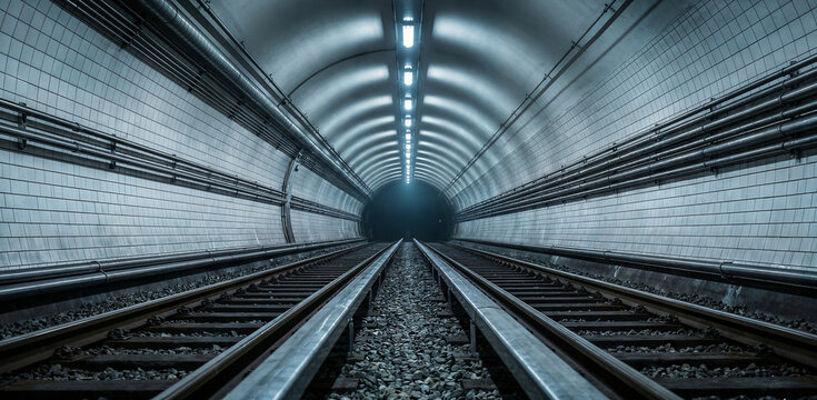 Empty subway tunnel with railroad tracks and industrial piping extending into darkness creating mysterious perspective underground railway transportation network scene.