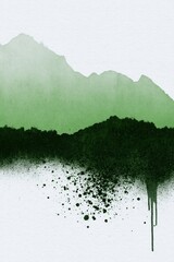Fototapeta premium Colorful mountain landscape art with green shades and splatter effects on canvas paper