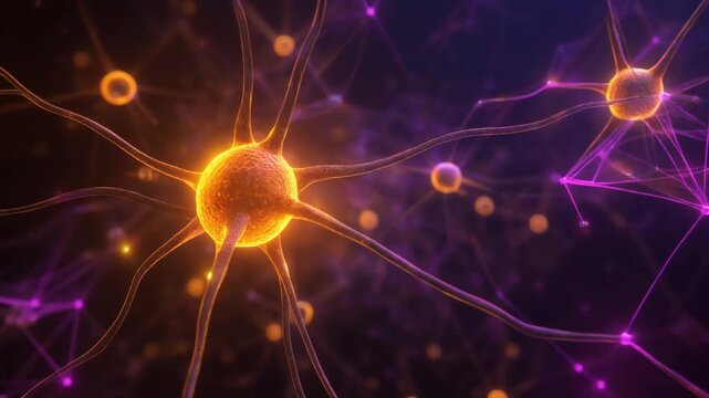 Microscopic view of glowing orange neurons and neural networks with purple synapses in the human brain.