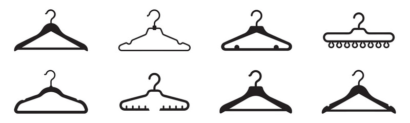 Clothes hanger icon set. Wardrobe and fashion boutique rack symbols. Garment storage and laundry service icons. Vector illustration. Vector Graphic. EPS 10