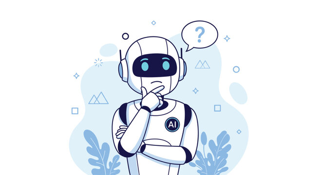 A cartoon robot with a puzzled expression wearing headphones and a headset thinking with a question mark above its head in a blue-toned illustration