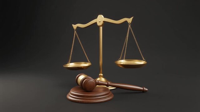 Silver balance scale and wooden gavel on dark background with blurred bookshelves, symbolizing justice, fairness, and legal authority in professional composition.