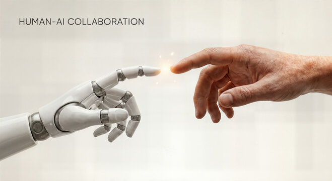 Human and artificial intelligence collaboration concept showing a robotic hand and human finger touching with a bright light spark on light neutral background.