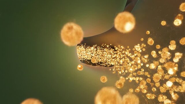 Golden neurotransmitters flowing through a biological synapse animation