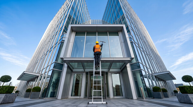 Wide angle shot of a professional window cleaner standing on a high ladder cleaning the glass facade windows of a modern office corporate building skyscraper