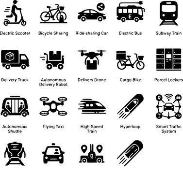 Set of fifteen minimalist black silhouette icons representing modern urban transport, logistics, and future travel concepts like autonomous shuttles, delivery drones, and hyperloop
