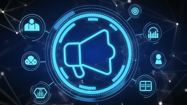 Blue digital interface with glowing megaphone icon surrounded by connected technology symbols, symbolizing communication, marketing, broadcasting, and global digital networking innovation.