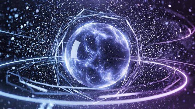 Futuristic energy sphere with glowing rings and particle effects