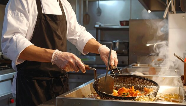 Chef in white shirt and black apron, using mesh strainer to remove cooked food from industrial fryer