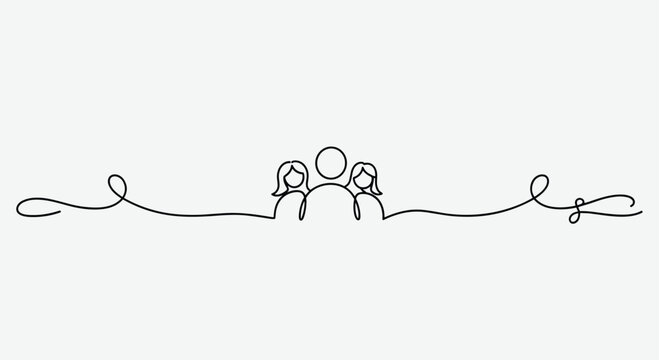 Simple line drawing of three people holding hands in a minimalist style with decorative swirling lines on a plain background
