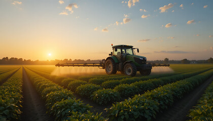 Fototapeta premium Tractor spraying pesticide on crop rows at sunset crops field