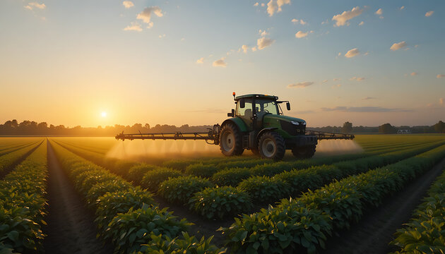 Tractor spraying pesticide on crop rows at sunset crops field