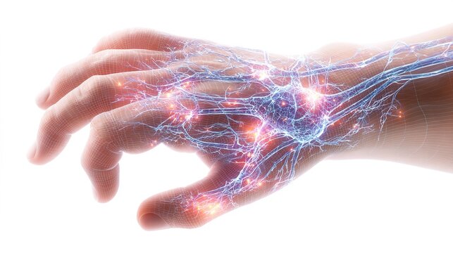 Detailed 3D medical anatomical illustration of human peripheral nerve damage caused by neuropathy, showing nerve lesion structure, pathological deterioration and related bodily discomfort,