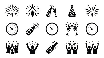 Set of 15 Black New Year's Eve Party Celebration Icons Vector © FahimAbrar