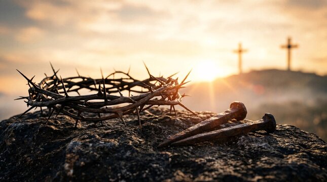 Crown of thorns and rusty nails on a rock with three crosses on a hill at sunrise