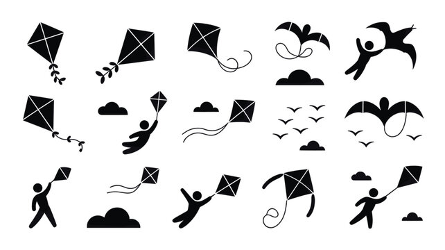 Set of 15 Black Kite Flying Icons Vector